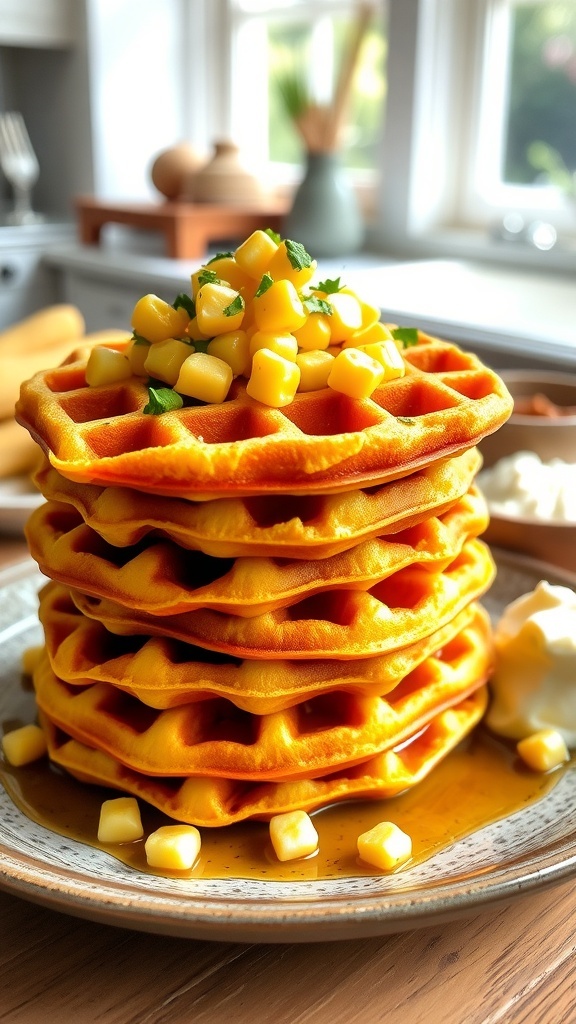 Savory Corn Waffles Recipe A stack of crispy corn waffles topped with corn kernels and herbs, served with syrup on a rustic plate.